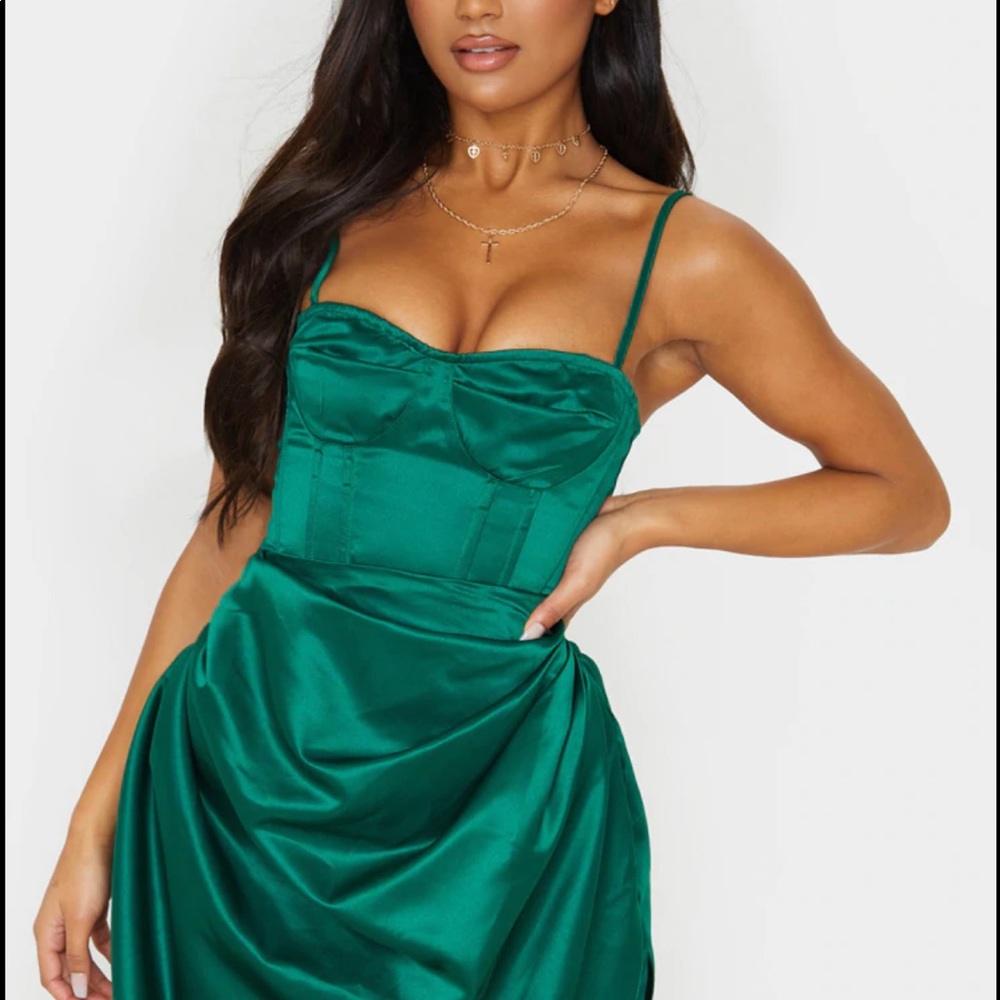 Emerald green satin woven cup detail strappy corset